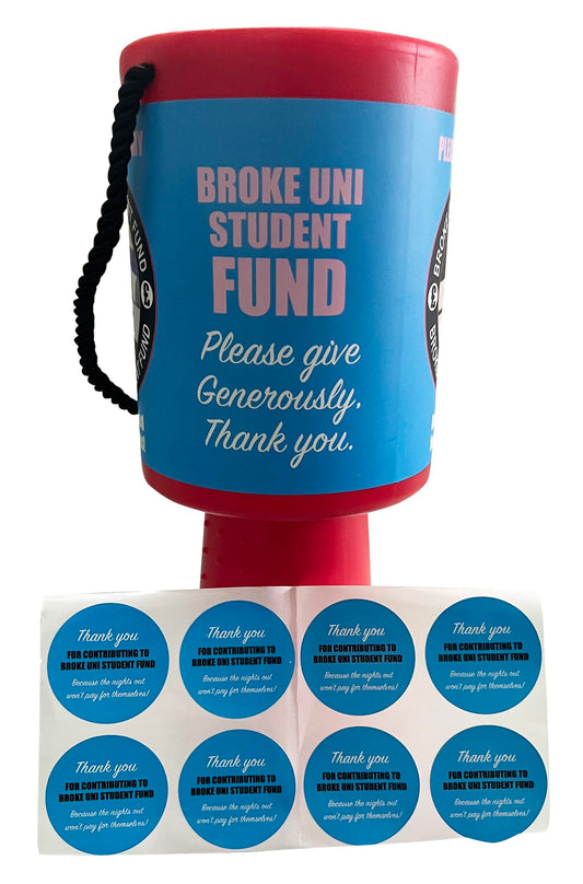 Uni Student Charity Fund Money Box with humorous design for saving money.