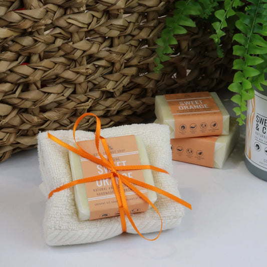 Vegan Soap and Cotton Cloth Gift Set with Sweet Orange scent, featuring eco-friendly packaging.