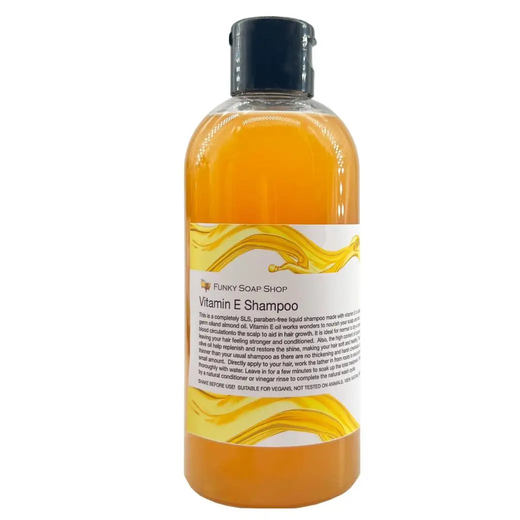 Liquid Vitamin E Moisturising Shampoo 250ml bottle with SLS and paraben-free formula.