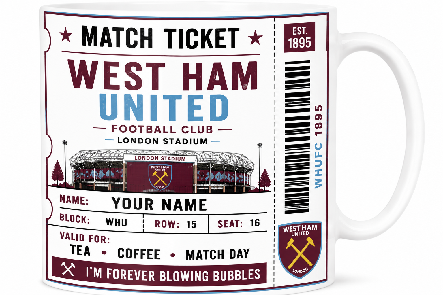 Mug designed like a West Ham United match ticket with stadium illustration