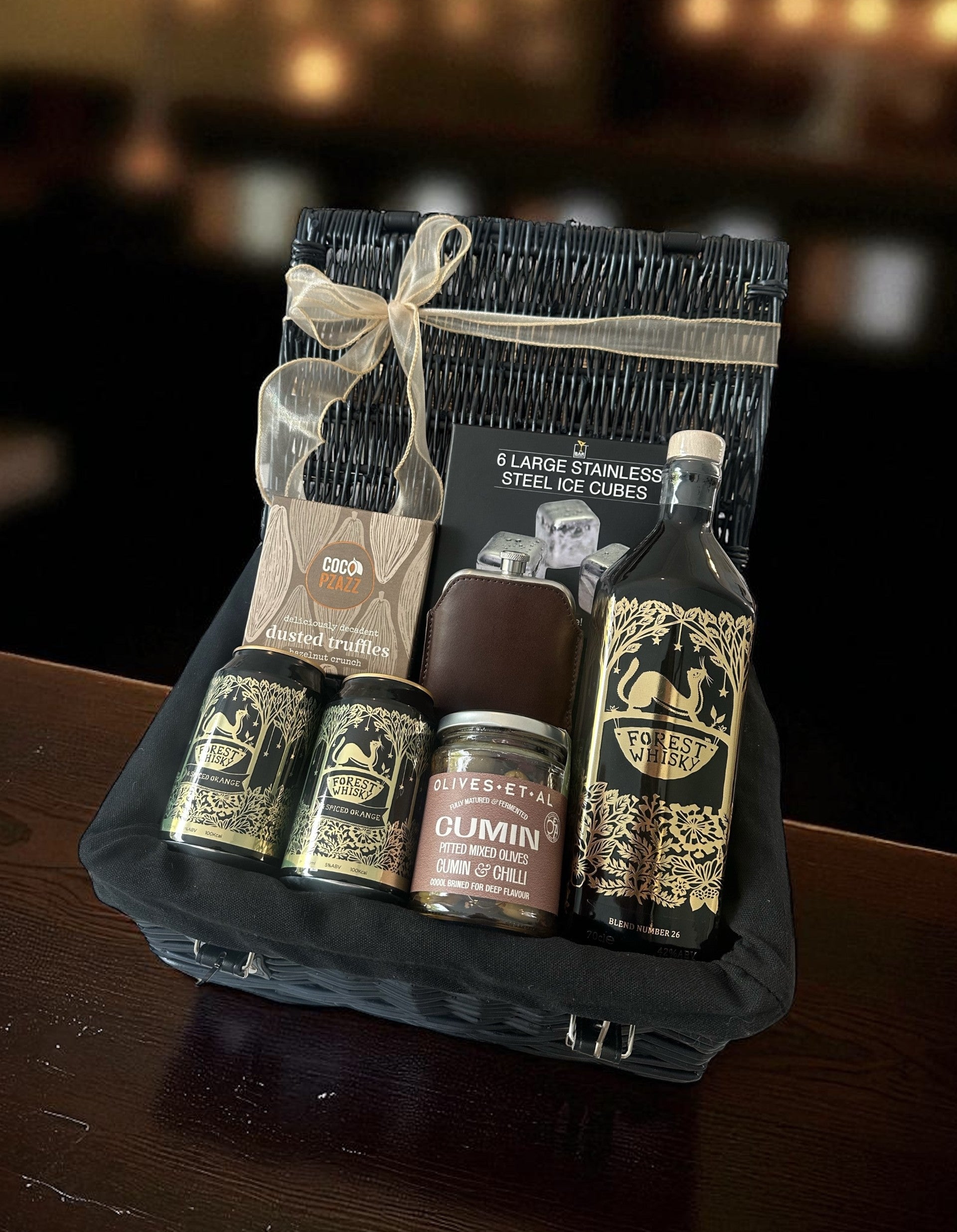 whisky gift with forest whisky, stainless steel ice cubes, hip flask and snacks