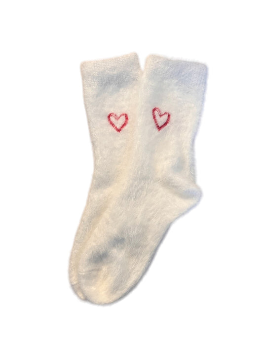 Heart Fluffy Gift Socks with red heart design and luxurious fluffy cuff.