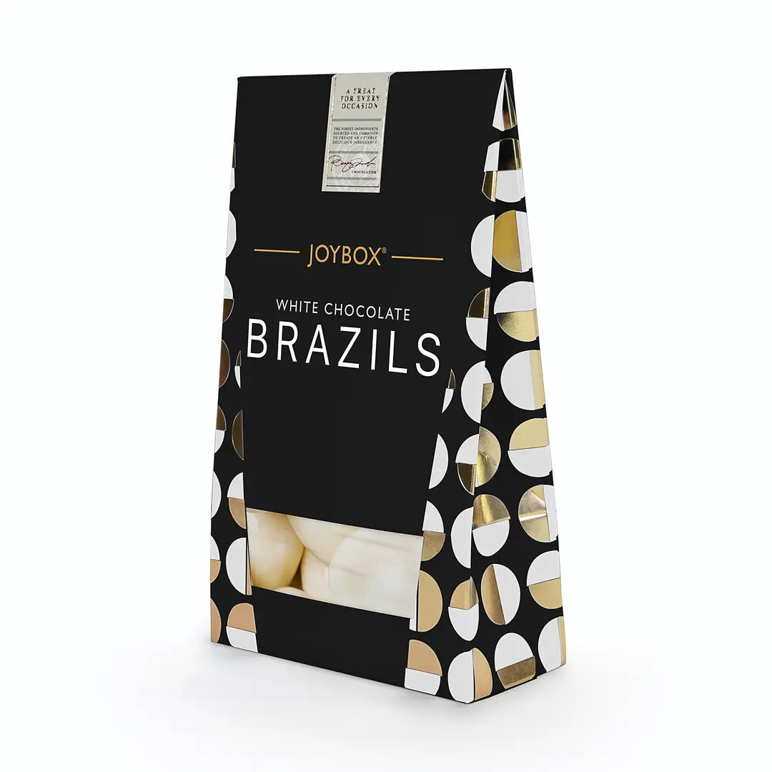 White chocolate coated Brazil nuts in a 150g pack, a sweet and crunchy gluten-free treat.