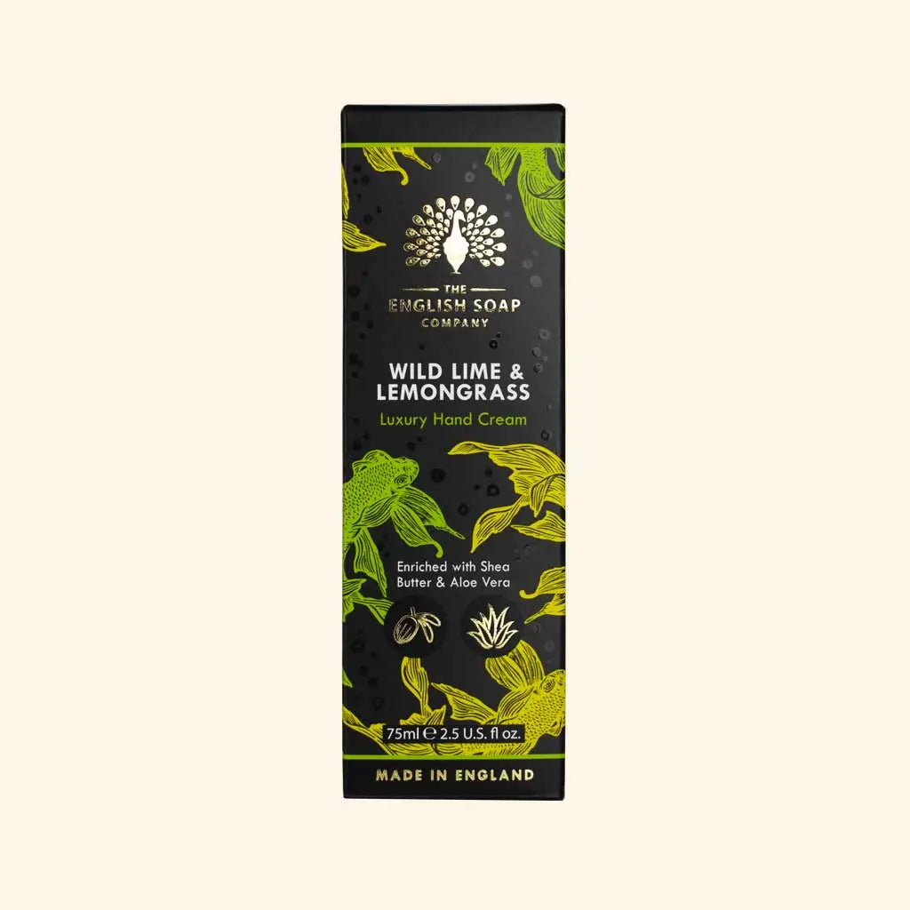 Hand cream packaging with green illustrations on a black background