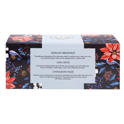 Ahmad Tea Winter Selection Pack with 30 teabags of English Breakfast, Cinnamon Haze and Chai Spice in a festive winter-themed box.