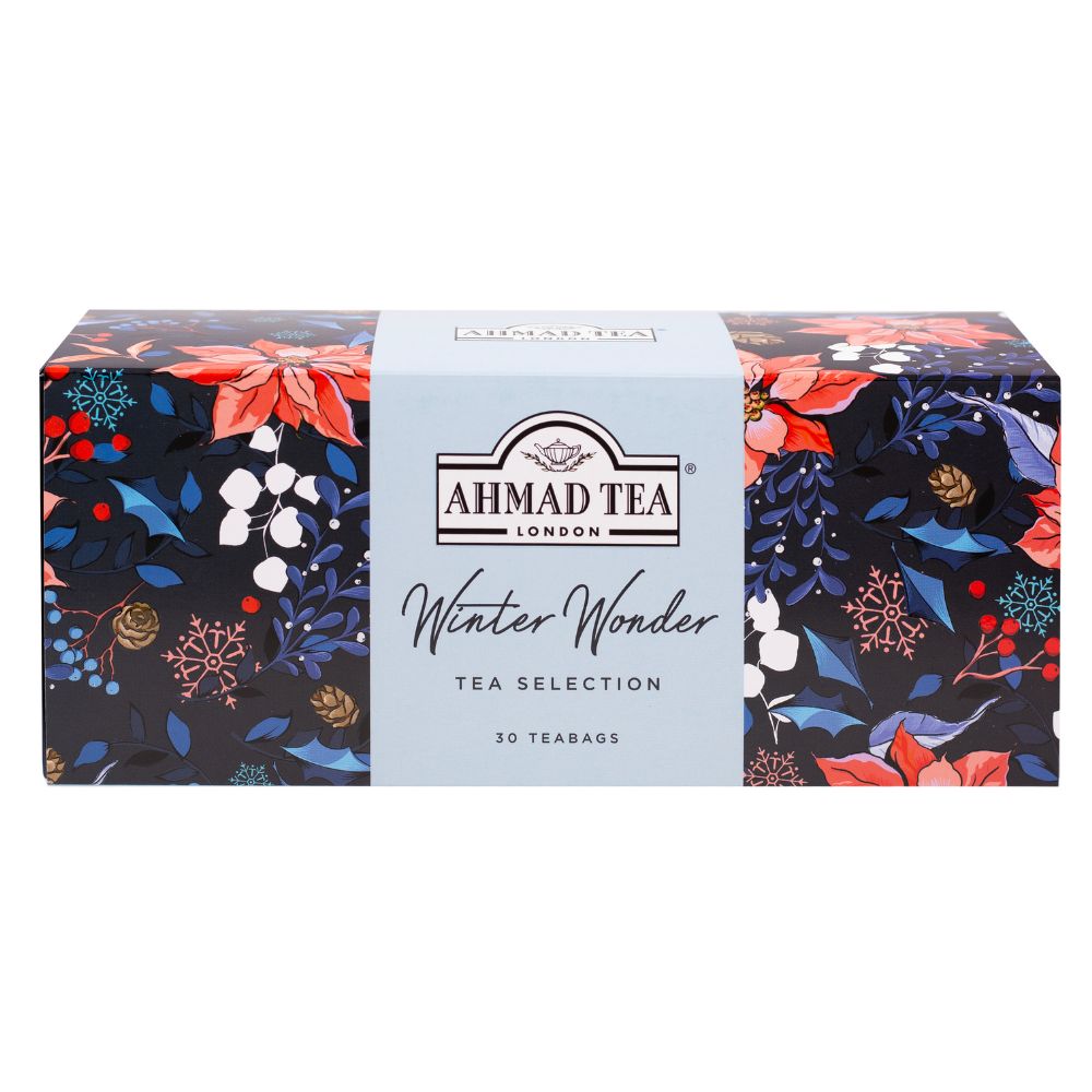 Ahmad Tea Winter Selection Pack with 30 teabags of English Breakfast, Cinnamon Haze and Chai Spice in a festive winter-themed box.