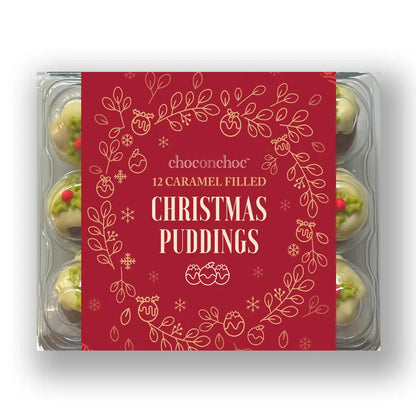 Christmas pudding-shaped chocolates made with Belgian milk and white chocolate, filled with caramel and presented in a festive box.