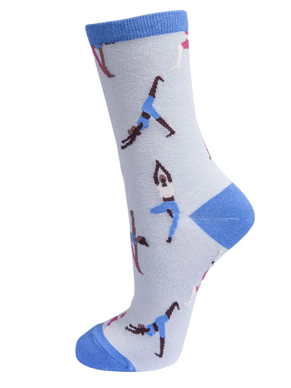 Womens Bamboo Yoga Socks in grey and blue with yoga patterns, soft and breathable fabric.