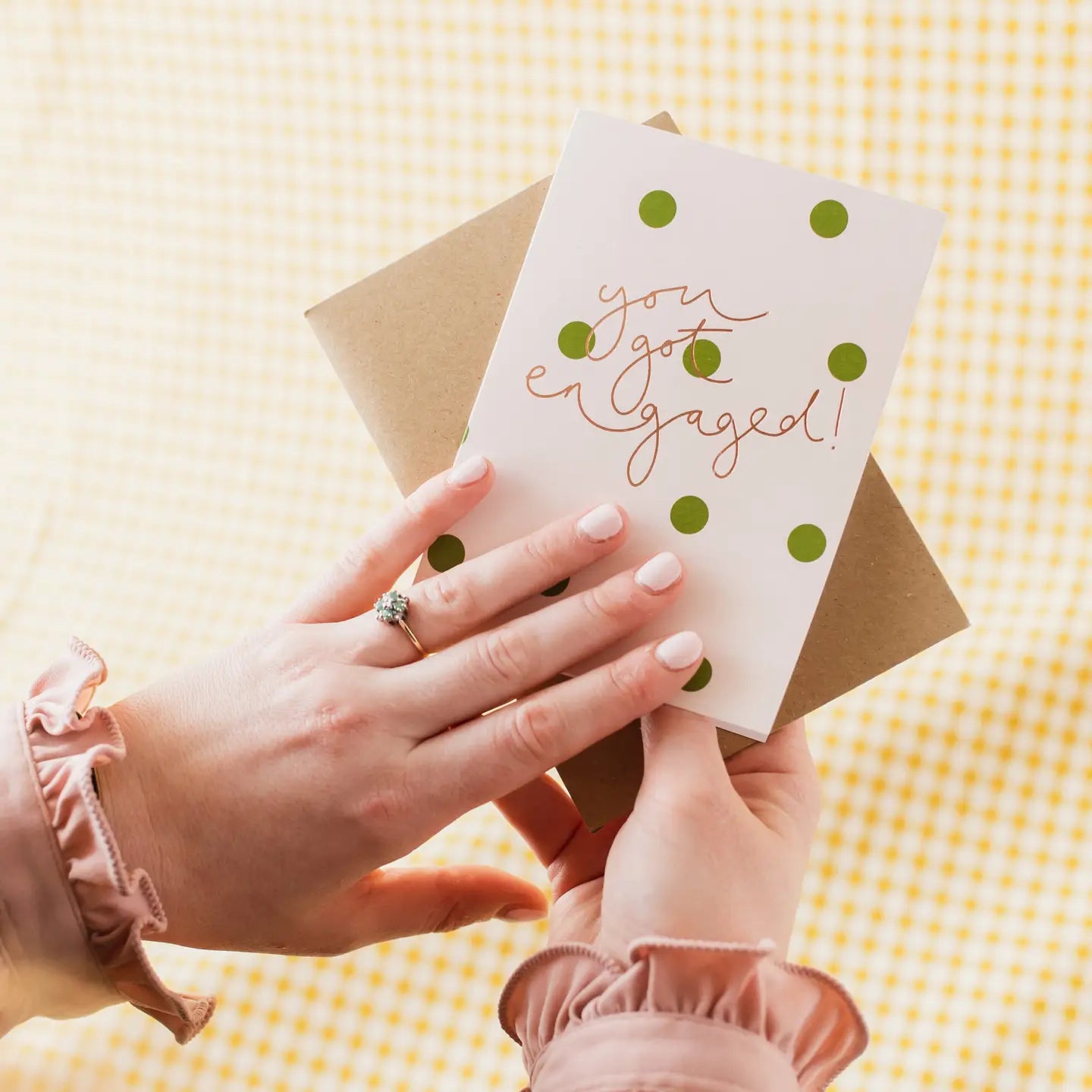 You Got Engaged!’ green polka dot and rose gold foil engagement card by Oh Squirrel, thoughtfully designed to celebrate love with joy and elegance.