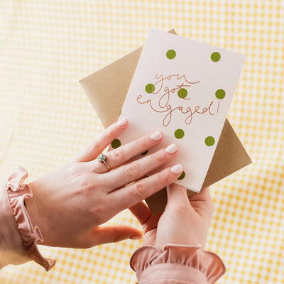 'you Got Engaged!’ Green Polka Dot & Rose Gold Foil Card